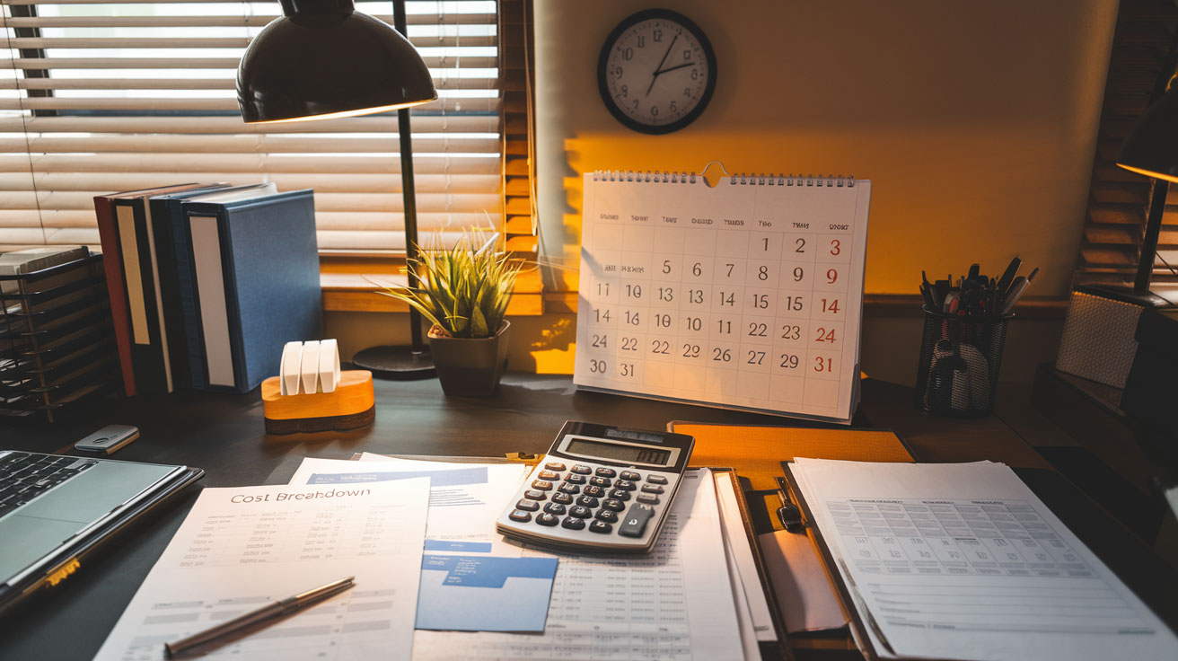 Create a realistic image of a desk with organized divorce paperwork, a calculator displaying numbers, a calendar marked with timeline milestones, and a visible cost breakdown sheet, all under warm office lighting with a clock on the wall showing passing time, creating a practical and informative atmosphere for understanding divorce process costs in California.