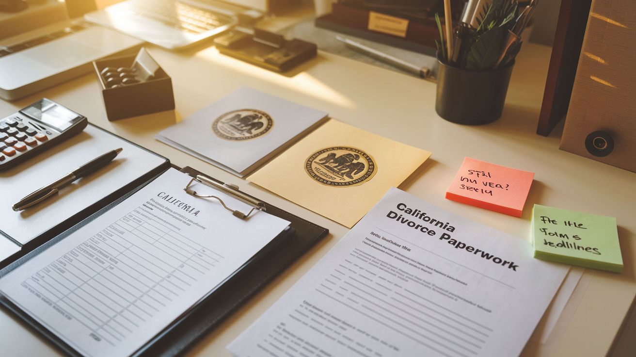 Create a realistic image of a clean, organized desk with California divorce paperwork forms neatly arranged, featuring official court documents with visible California state seals, a pen, calculator, and Post-it notes with reminders about filing deadlines, all in warm natural lighting suggesting accessibility and organization during a challenging process.
