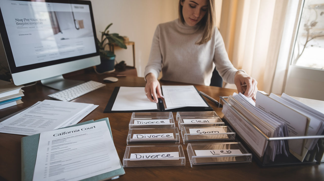 Create a realistic image of a white female in her 30s sitting at a wooden desk, organizing divorce paperwork with clear labels, with a California court form visible, a step-by-step checklist nearby, a computer showing a legal website, soft natural lighting from a nearby window, creating a calm and organized atmosphere.