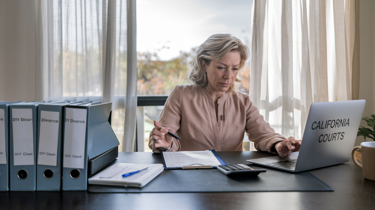 Create a realistic image of a middle-aged white woman sitting at a home office desk, reviewing divorce paperwork with a focused expression, with a laptop open to a California courts website, several organized document folders labeled "DIY Divorce," a calculator, and a coffee mug nearby, in natural daytime lighting coming through a window, creating a practical and determined atmosphere.
