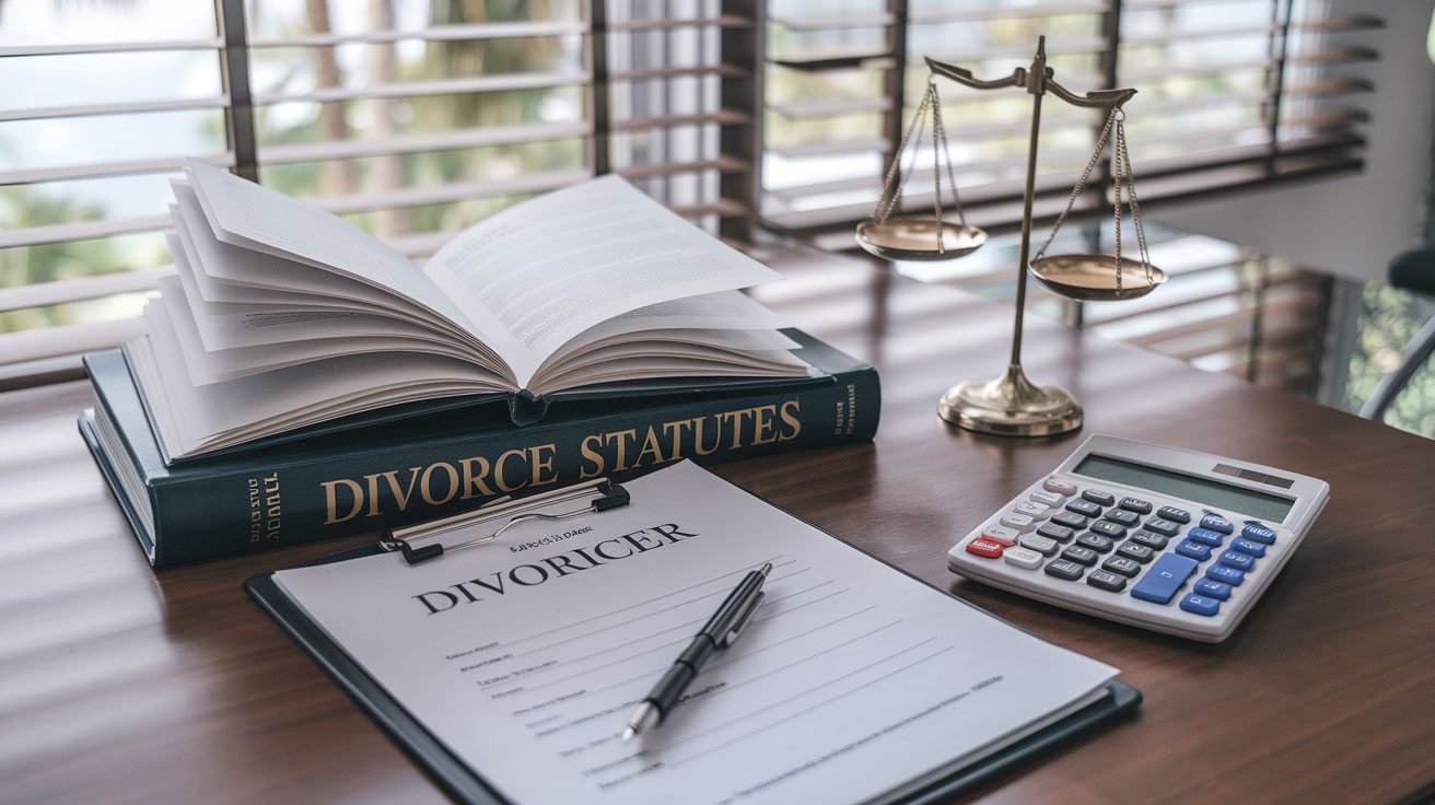 Create a realistic image of a law office in California with an open law book on divorce statutes, alongside a clipboard with divorce paperwork and a calculator symbolizing cost calculations, all on a wooden desk with soft natural lighting coming through window blinds showing palm trees outside, conveying a professional yet approachable atmosphere for understanding legal processes.
