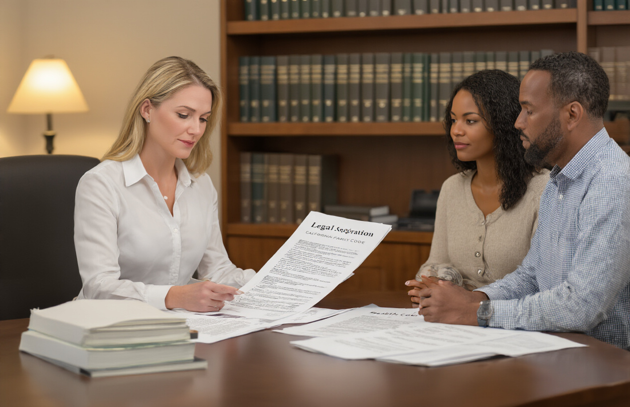 Create a realistic image of a professional white female paralegal sitting at a desk with legal documents labeled "Legal Separation" and "California Family Code" visible, explaining paperwork to a diverse couple (one white male and one black female) sitting across from her, with California law books on shelves in the background, warm office lighting, and a neutral professional setting conveying a serious but supportive atmosphere.