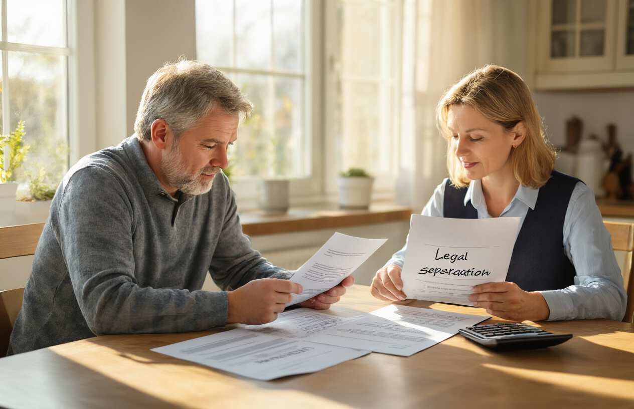 Create a realistic image of a relieved middle-aged white couple sitting at a kitchen table reviewing legal documents with a female paralegal, sunlight streaming through windows, a "Legal Separation Agreement" document clearly visible, calculator showing cost savings, peaceful expressions suggesting closure and moving forward.
